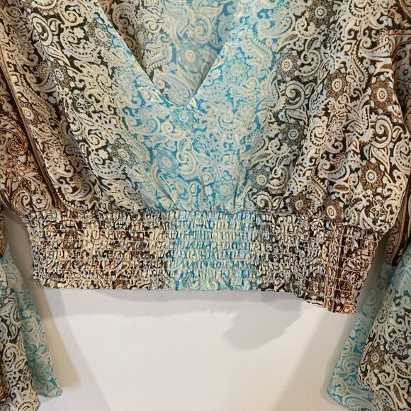 Orlinn Paris 100% Silk Blouse Bell Sleeve Cropped Elastic Waist - Picture 3 of 11